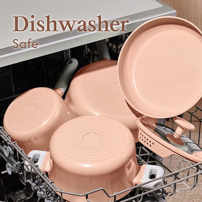 CAROTE Pots and Pans Set Nonstick, Ceramic Cookware Set, Pink Cooking Set Kitchen Induction Set with Steamer, PFAS PTFE Free,9 Piece