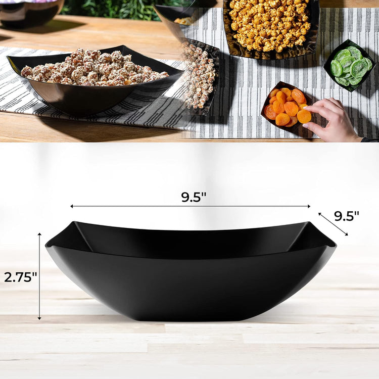Posh Setting - Black Plastic Serving Bowls for Party (64oz - 4 Pack) Square, Disposable & Fruit Bowls for Party Table, Candy Containers for Candy Buffet
