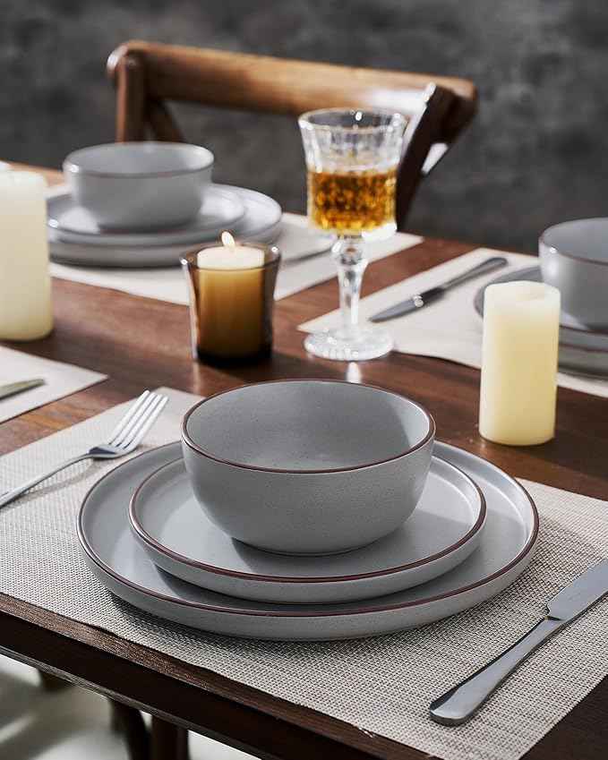 Famiware Mercury 24 Pieces Dinnerware Sets, Plates and Bowls Sets for 8, Microwave and Dishwasher Safe Dish Set, Light Grey