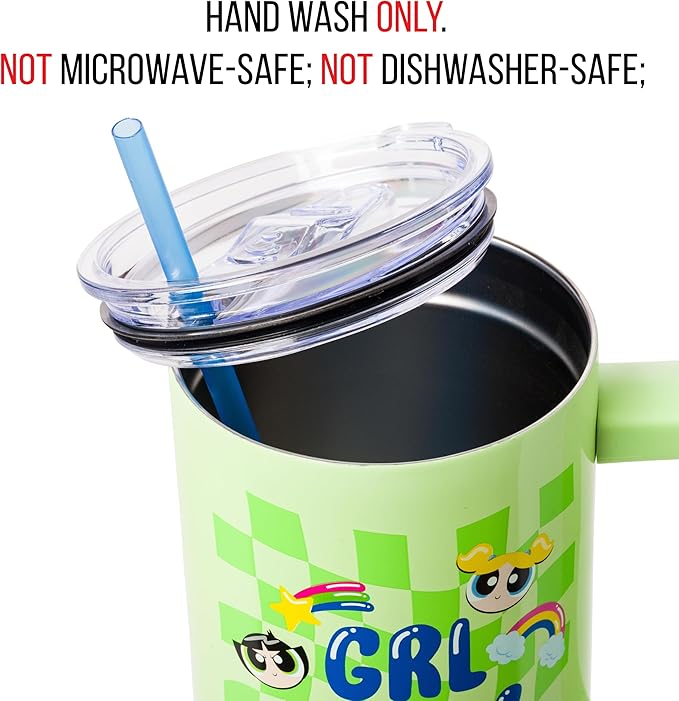 Silver Buffalo Powerpuff Girls Girl Power Groovy Retro Featuring Blossom, Bubbles, and Buttercup Double Walled Stainless Steel Tumbler with Handle and Straw, Fits in Standard Cup Holder, 40 Ounces