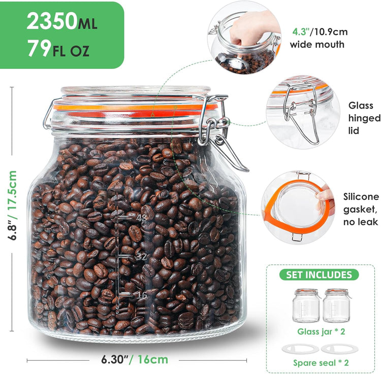 2 Pack 79oz Glass Jar with Lid(2350ML), 0.6 Gallon Mason Jars Wide Mouth with Airtight Lid, Glass Pickle Jar for Food Storage, Cookies, Pickling, Kombucha(Includes 2 Spare Seals)