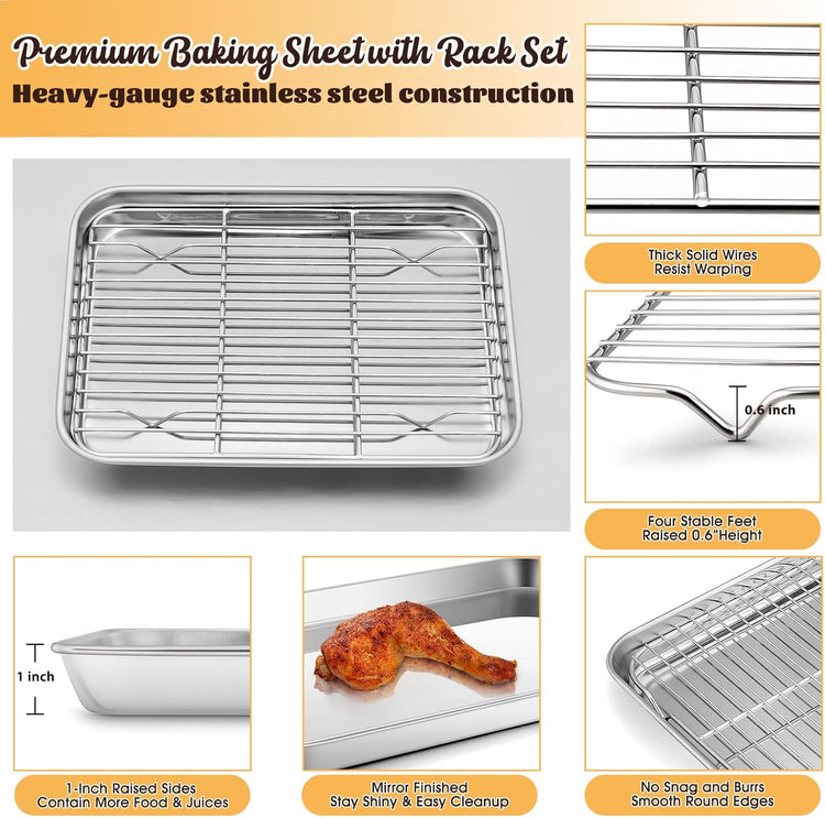 Metal Toaster Oven Tray Set, E-far 10.5”x8.3” Small Stainless Steel Baking Pan with Wire Rack for Cooking Broiling, Rimmed Metal Sheet for Roasting Cooling Cookie Bacon Steak