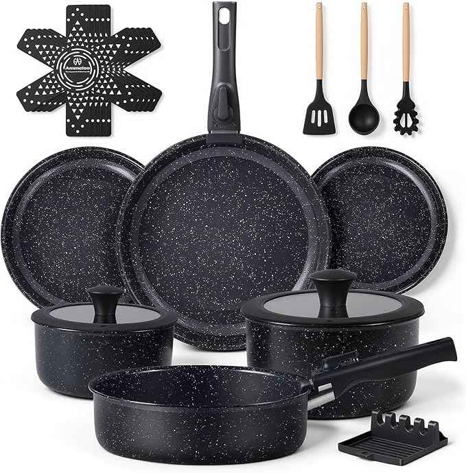 Ammeloo 21 Pcs Pots and Pans Set Non Stick, Ceramic Kitchen Cookware Set with Detachable Handle, Non Toxic Cooking Set for Kitchen, RV, Camping and Fridge, Induction Ready, Dishwasher/Oven Safe, Black