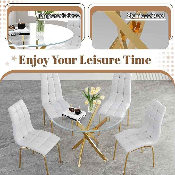5 Piece Round Glass Dining Table Set, Round Tempered Glass Kitchen Tables Set for 4, Modern Table Set with 4 High-Back Upholstered Chairs for Kitchen Dining Room (Gold Legs, 4 White Chairs)