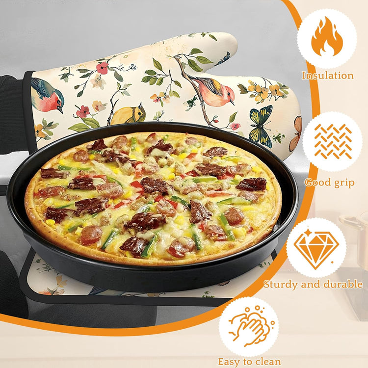Vintage Butterfly Bird Oven Mitts and Pot Holders Set,Floral Flower Kitchen Oven Gloves and Pot Holder with Heat Resistant Non Slip for Cooking Baking Grilling(4 Piece Set)
