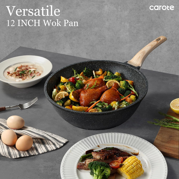 CAROTE Non Stick Wok with Lid 12''/5.3QT Woks & Stir-fry Pans Nonstick Granite Wok Pan Induction Cookware Deep Frying Pan, Compatible with All Stovetops