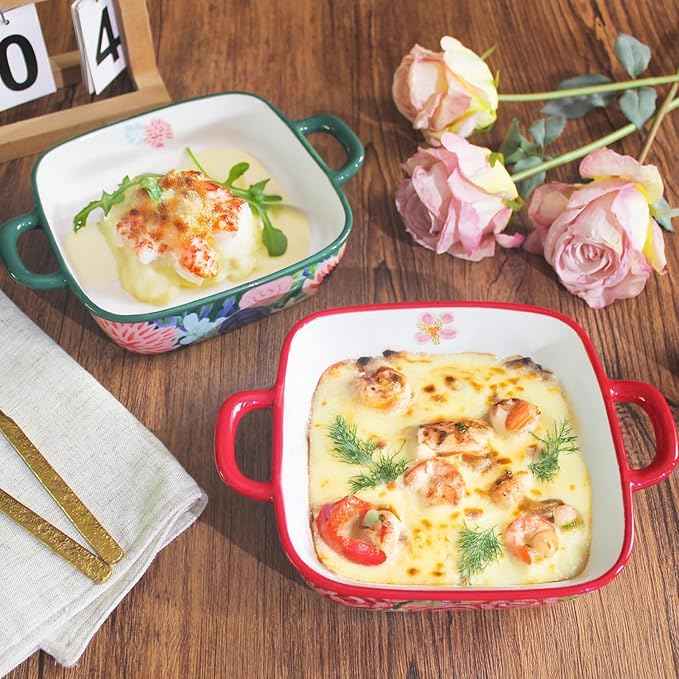 Two-piece square ceramic baking pan set: Hand-painted floral ceramic baking pans with double handles, suitable for baking, cooking, kitchens, restaurants, etc.(Combination 2)