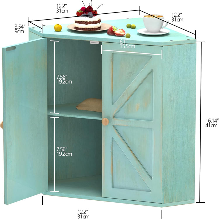 Corner Bread Box for Kitchen Counter Double Layer Bamboo Bread Storage Container Large Capacity Bread Storage Bin Farmhouse Breadbox Organizer (Antique Blue)