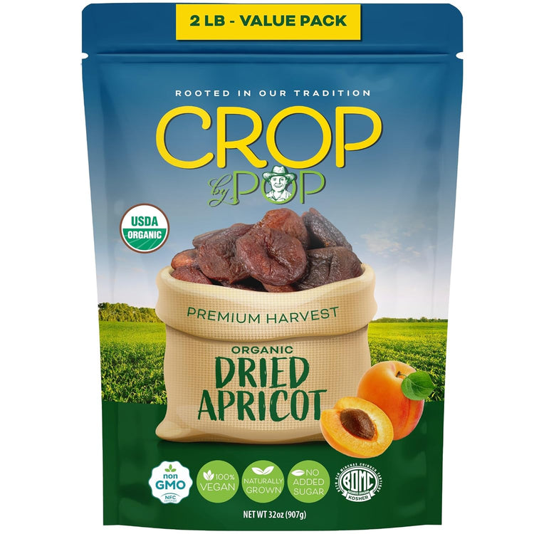 CROP BY POP - Organic Sun Dried Apricots, No Sugar Added, Unsulphured (32oz, 2 LB) Bulk Dry Fruits Packed Fresh in Resealable Bag - USDA Organic, Non GMO, Kosher