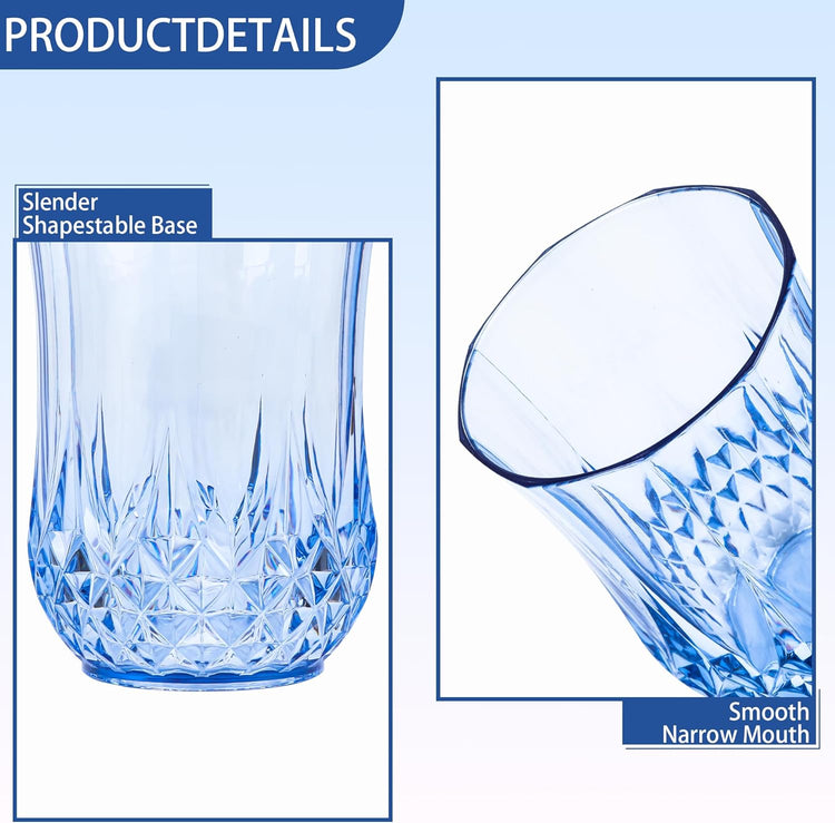 12 PCS Blue Stemless Wine Glasses,Plastic Reusable Cups 9OZ Vintage Drinking Glasses Tumblers for Whisky, Beer, Juice, Beverages, Cocktai