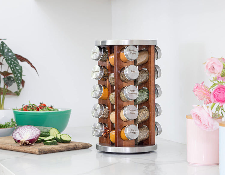 20 Jar Rotating Dark Acacia Wood Spice Rack with Spices Included & 5