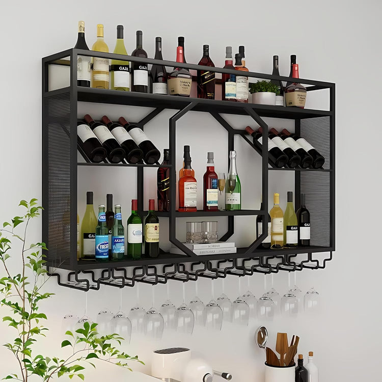 Wall Mounted Wine Rack, 3-Tiers Metal Bar Bottle Holder, Modern Wine Glass Storage Display Shelves, Wall Wine Rack for Kitchen Bar Dining Rooms Decoration (Black, 47.24in/120cm)