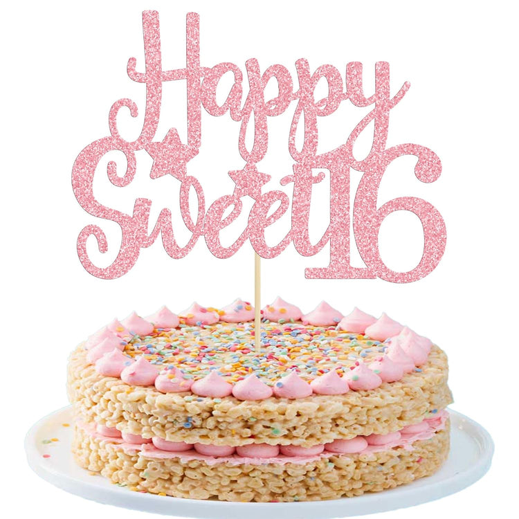 Gyufise 1Pc Pink Glitter Happy Sweet 16 Cake Topper 16th Birthday Cake Topper Sweet 16 Decorations 16th Birthday Decorations