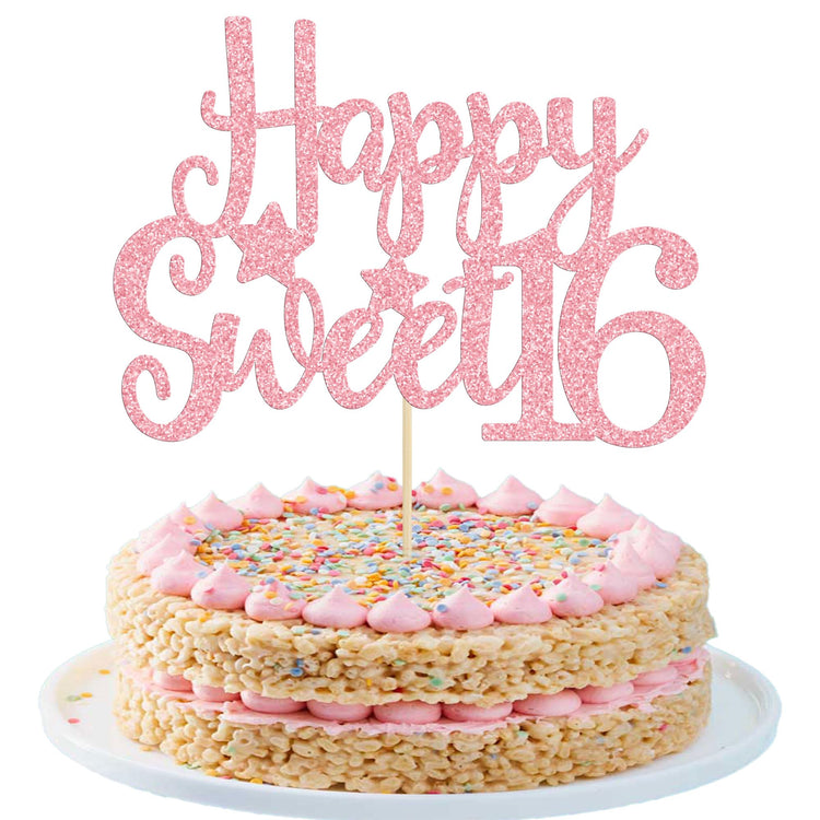 1Pc Pink Glitter Happy Sweet 16 Cake Topper 16th Birthday Cake Topper Sweet 16 Decorations 16th Birthday Decorations