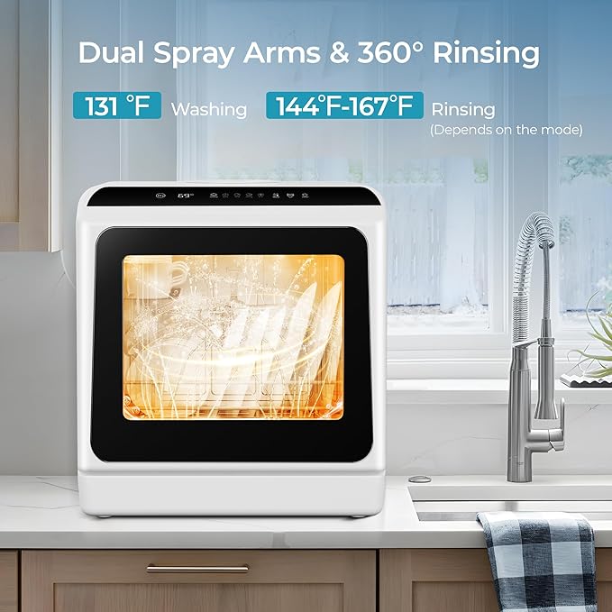 EUHOMY Countertop Dishwasher Portable with 6 Programs, 5L Built-in Water Tank for Apartments & RV, 167โ High-Temp, No Hookup Needed, Mini Dishwasher with Baby Care, Air Dry/Quick/ECO/Fruit/Normal Mode