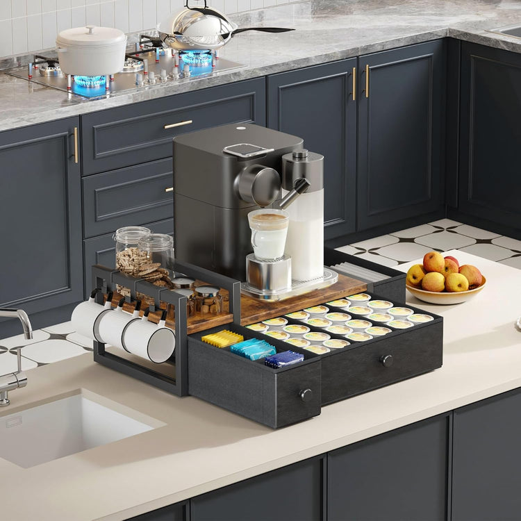 Homeiju Coffee Pod Drawers - K Cup Organizer, Nespresso Pods Holder with Mug Rack, Coffee Holder for Countertop, 52 Capacity Pods, Suitable for Kitchens, Offices and Coffee Bars(Patent Pending)
