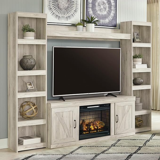 Signature Design by Ashley Bellaby Farmhouse 4-Piece Entertainment Center for TVs up to 69" with Electric Fireplace, Whitewash