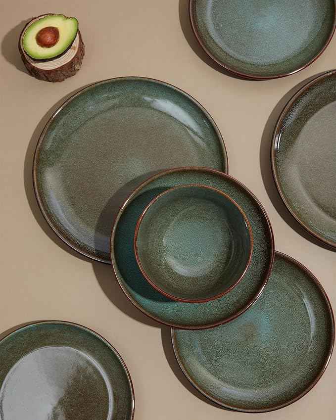 16 Piece Double Bowl Dinnerware Sets with Pasta Bowls, Highly Chip and Crack Resistant Plates and Bowls Sets, Natural Earthyware Ceramic Dishware Sets, Service for 4 Sage Green
