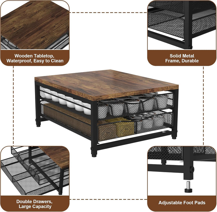 Coffee Pod Holder For Counter, Wooden K Cup Holder with Sliding Drawer, Large Capacity Coffee Pod Storage for Coffee Station, Home, Office, Kitchen