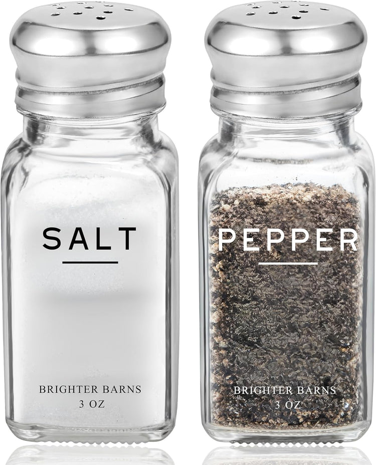 Glass Salt and Pepper Shakers Set by Brighter Barns - Modern Kitchen Decor, Dining Table Countertop Accessory - Rustic, Farmhouse, Vintage Glass Shakers with Stainless Steel Lids for Home, Restaurant