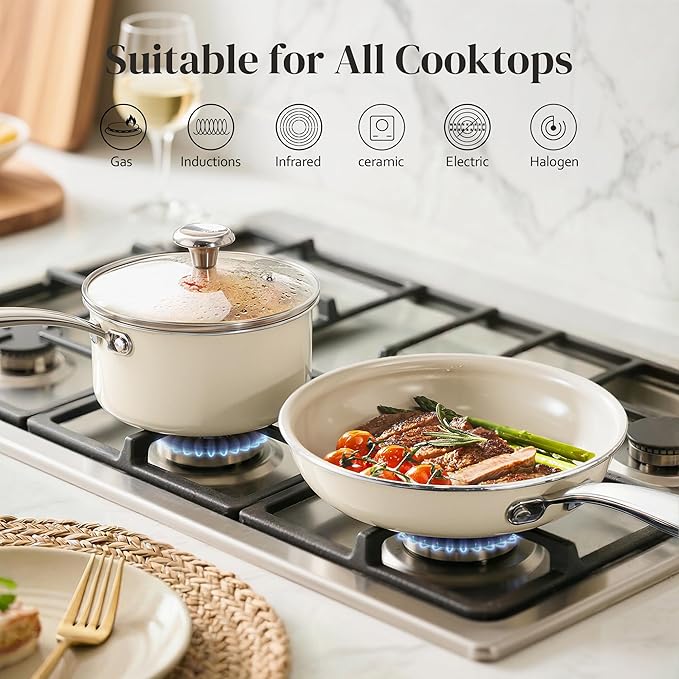 Redchef Sauce Pan & Frying Pan Set, 8" Ceramic Nonstick Fryingpan & 2.5Qt Saucepan with Lid, Mini Cookware Set, Induction Compatible, Nontoxic PTFE PFOA Free, Oven & Dishwasher Safe, Beige