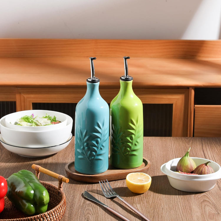 Sweejar Ceramic Olive Oil Dispenser Bottle, 20 Oz Relief Opaque Oil Cruet Protects To Reduce Oxidation, Suitable for Storage, Vinegar, Soy Sauce,Liquids,Set of 2 (Gradient Blue Gradient Green)