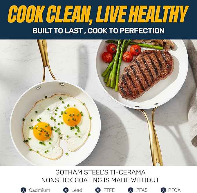 Gotham Steel 20pcs Pots and Pans Set Non Stick Ceramic Cookware Set with Deep Frying Pan Set & 6pc Knife Set, Improved Ti-Cerama Coating Made without PFOA PFOS Lasts 2x Longer, Oven & Dishwasher Safe