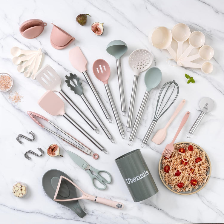 COOK WITH COLOR Silicone Cooking Utensils, Kitchen Utensil Set, Easy to Clean Silicone Kitchen Utensils, Cooking Utensils for Nonstick Cookware, Kitchen Gadgets Set, 38 Piece, Mint