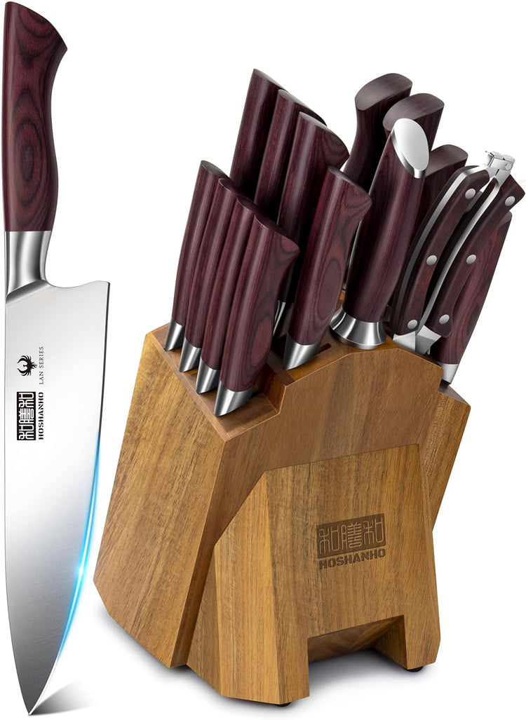 Kitchen Knife Set with Block 18-Piece, Super Sharp High Carbon Stainless Steel Chef Knife Set, Professional Cutlery Knife Set with Sharpener