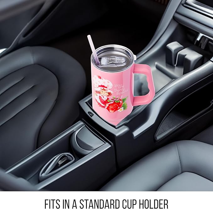 Silver Buffalo Strawberry Shortcake You Are Berry Special Vintage Berry Pink Double Walled Stainless Steel Tumbler with Handle and Straw, Fits in Standard Cup Holder, 40 Ounces