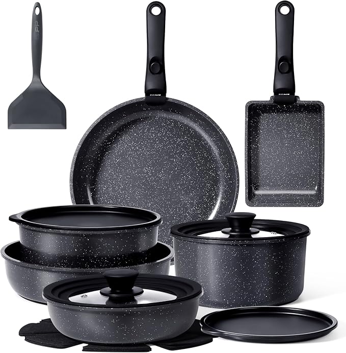 GiPP Ceramic Pots and Pans Set Non Stick, Nonstick Detachable Handle Cookware Sets, Healthy Non Toxic PFAS PFOA & PTFE Free, Dishwasher &Oven Safe, Induction Kitchen Pot and Pan, 17 Piece Gray