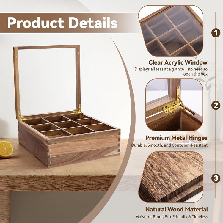 ANMINY Acacia Wood Tea Bag Organizer with Acrylic Clear Top, 10MM Thick Wooden Tea Storage Box with 9 Compartments, Teabag Holder Tea Caddy Chest for Countertop Kitchen Home Office