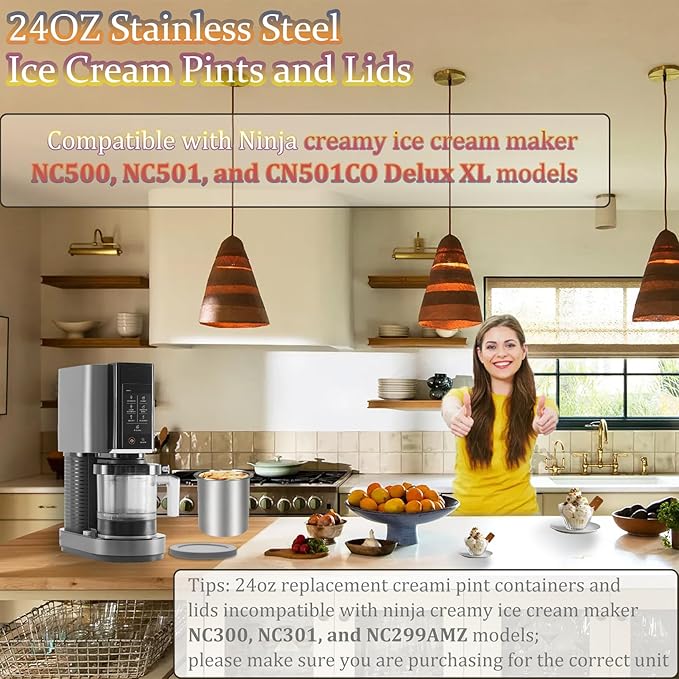 Stainless Steel Pint Containers & Lids Compatible with Ninja Creami ice Cream Maker NC500, NC501, CN501CO Delux Seriesā 6 Pack, 24 oz, Silicone Lids, BPA-Free, Dishwasher Safe