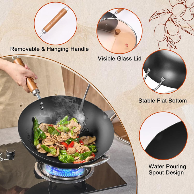 WANGYUANJI Carbon Steel Wok Pan, 13.4" Woks & Stir-Fry Pans with Glass Lid No Chemical Coated Flat Bottom Iron Wok for Induction, Electric, Gas, Halogen All Stoves