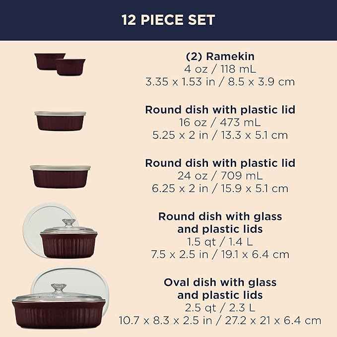 CorningWare Ceramic Bakeware Set with Lids, Chip and Crack Resistant Stoneware Baking Dish, Microwave, Dishwasher, Oven, Freezer and Fridge Safe, 12-Piece French Cabernet