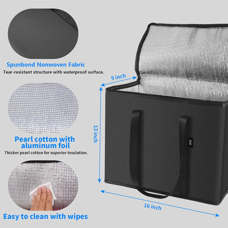 2-Pack Cold Storage Food Bag, Insulated Grocery Bags for Delivery, Heavy Duty Reusable Bags with Zippered Top, Foldable and Durable for Frozen Foods and Shopping Black