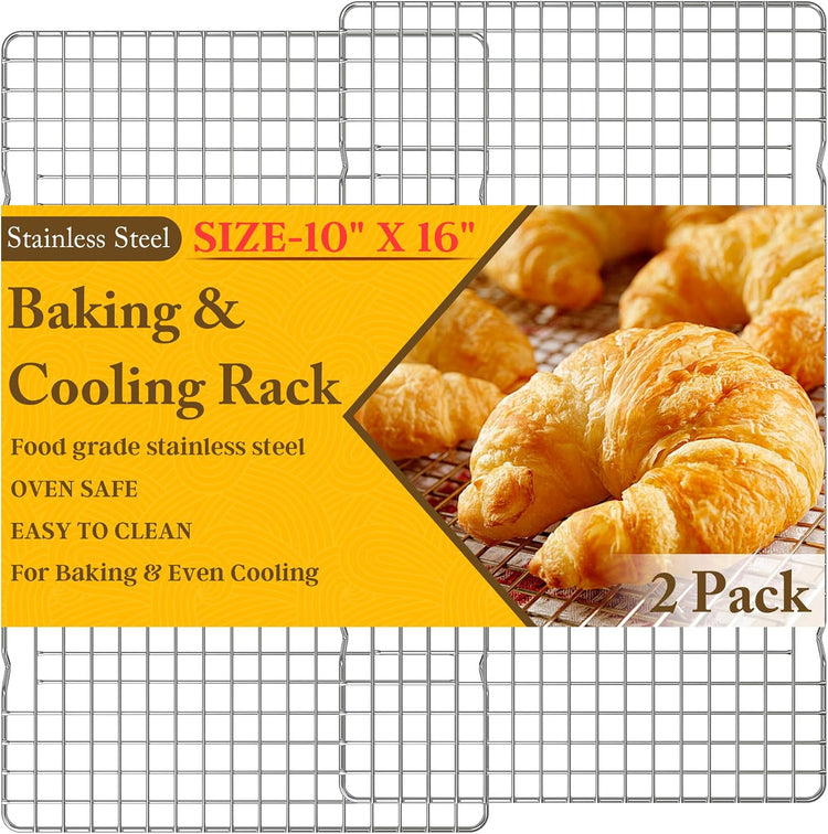 2PCS Cooling Racks for Cooking and Baking - 10" x 16"Heavy Duty Stainless Steel Wire Rack for Baking, Grilling, Roasting - Oven & Dishwasher Safe - Fits Half Sheet Pan(Silver)