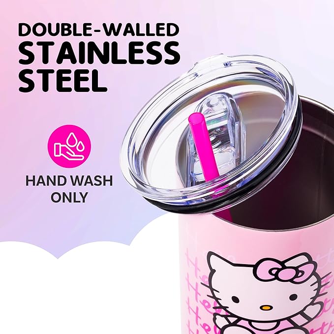 Silver Buffalo Sanrio Hello Kitty Waving Double Walled Stainless Steel Tumbler with Handle and Straw, Fits in Standard Cup Holder, 40 Ounces