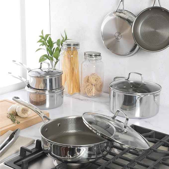 Martha Stewart Badgley Hybrid Nonstick 10 Piece TriPly Stainless Steel Pots and Pans Non-Toxic Kitchen Cookware Set - Laser Etched Perfect Sear Nonstick W/Stay Cool Handle Dishwasher & Induction Safe