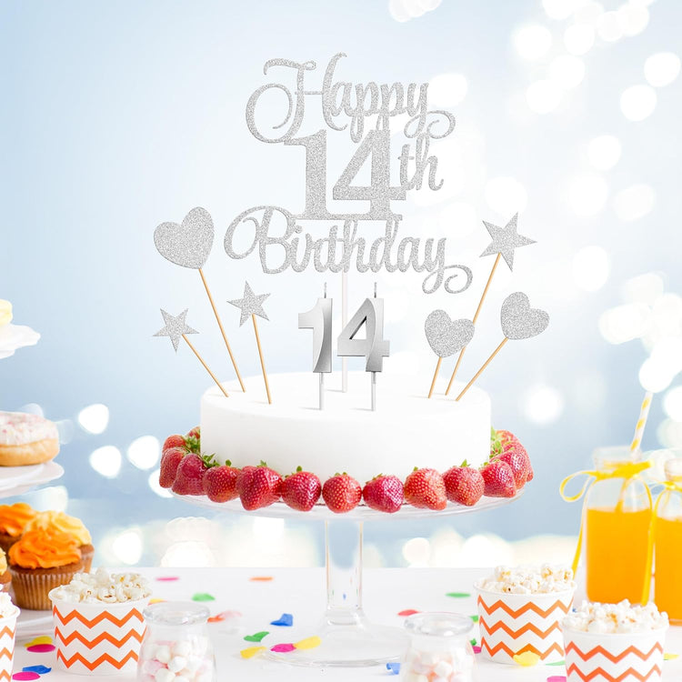 14th Birthday Cake Decorations, 14th Birthday Candles Cake Numeral Candles and Glitter Happy 14th Birthday Cake Toppers Set for Birthday Party Supplies (Silver)
