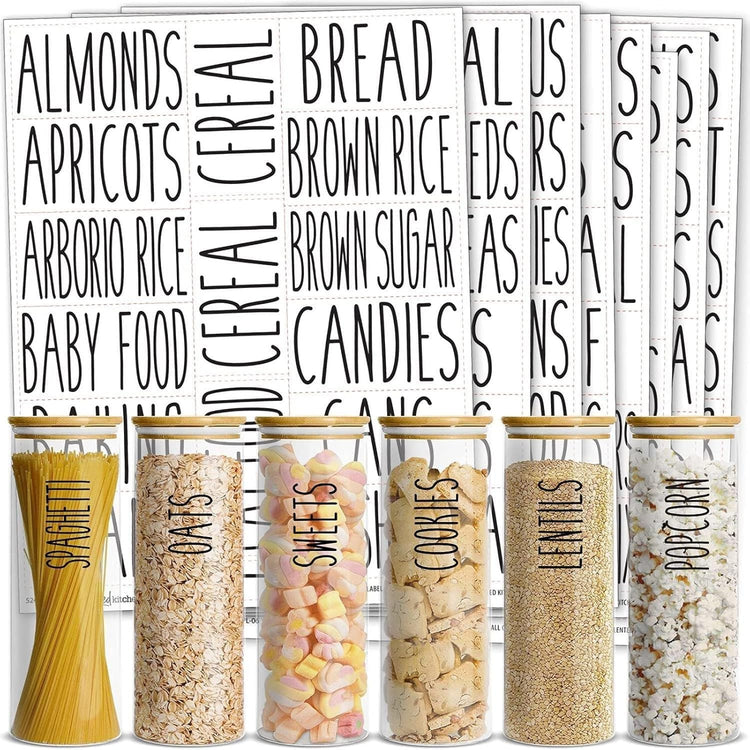 Talented Kitchen 136 Kitchen Sticker Labels for Food Containers - Varied Sizes, Black Text on Clear Background - Waterproof Labels for Jars & Storage
