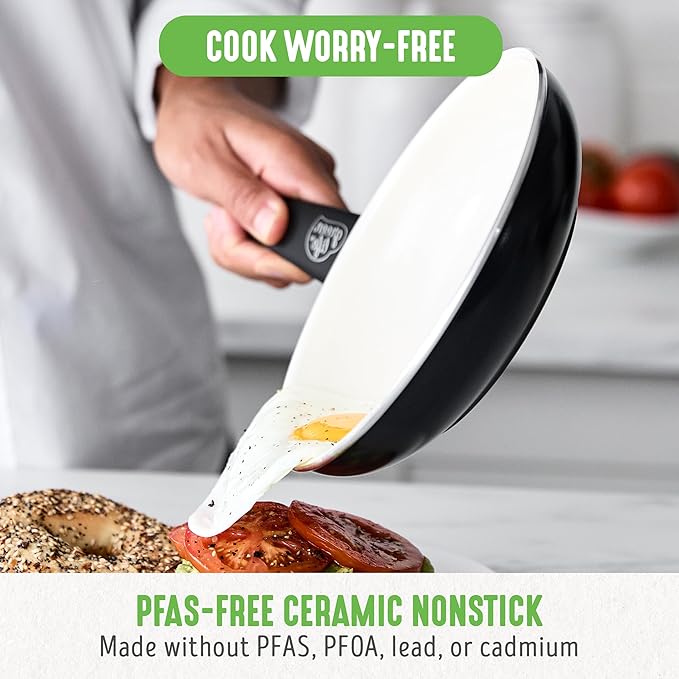 GreenLife Soft Grip 8” Frypan Skillet and Spatula Breakfast Cookware Set, PFAS-Free Ceramic Nonstick, Silicon Spatula with Bamboo Handle, Egg Omelette Bacon, Dishwasher Safe, Stay-Cool Handles, Black