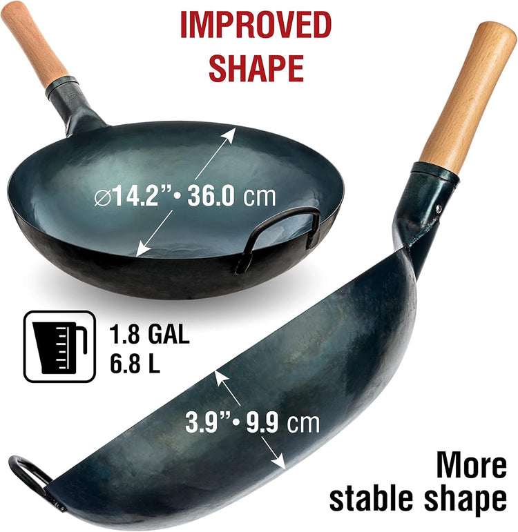 YOSUKATA 14” Round Bottom Carbon Steel Wok Pan – Blue Pre-Seasoned Pow Wok for Stir Fry, BBQ, Grill & Camping – Traditional Japanese & Chinese Cookware – Compatible with Gas Stoves & Open Fire Only