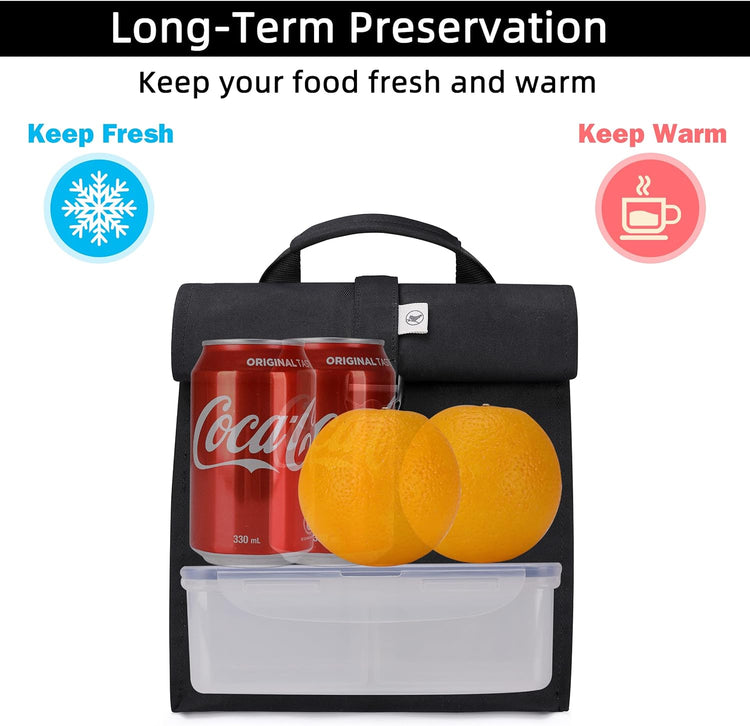 SUNNY BIRD Insulated Lunch Bag Rolltop Lunch Box for Women, Men, Adults and Teens (Black)