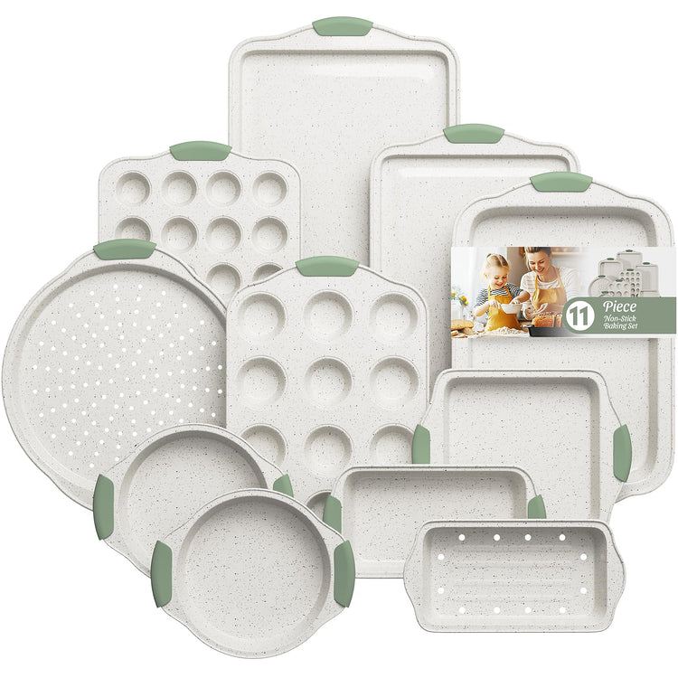11-Piece Non-Toxic Baking Set, Stackable Nonstick Cookware, White&Green