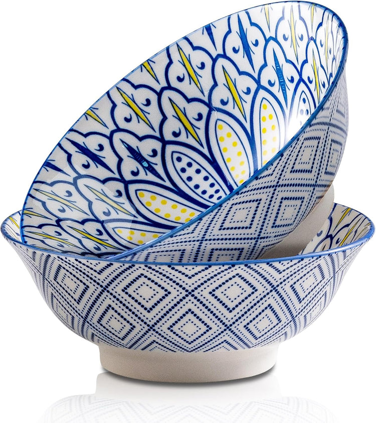 Ceramic Serving Bowls 8 Inch Set of 2, Large Bowls for Pasta Soup Fruit Ramen Cereal, Dinner, Salad, Oatmeal, Microwave & Dishware Safe, Colorful Bohemian Style
