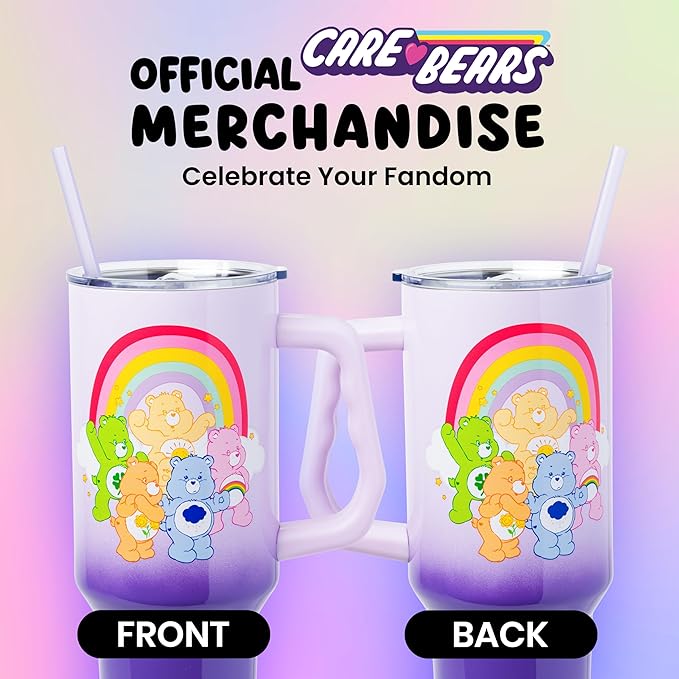 Silver Buffalo Care Bears Rainbow Featuring Funshine, Cheer, Grumpy, Friend, and Good Luck Bear Double Walled Stainless Steel Tumbler with Handle and Straw, Fits in Standard Cup Holder, 40 Ounces