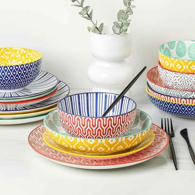 Selamica Ceramic Dinnerware Sets for 6, 24 Piece Plates and Bowls Sets, Highly Chip and Crack Resistant Dishes Set-Dishwasher & Microwave & Oven Safe, Assorted Colors