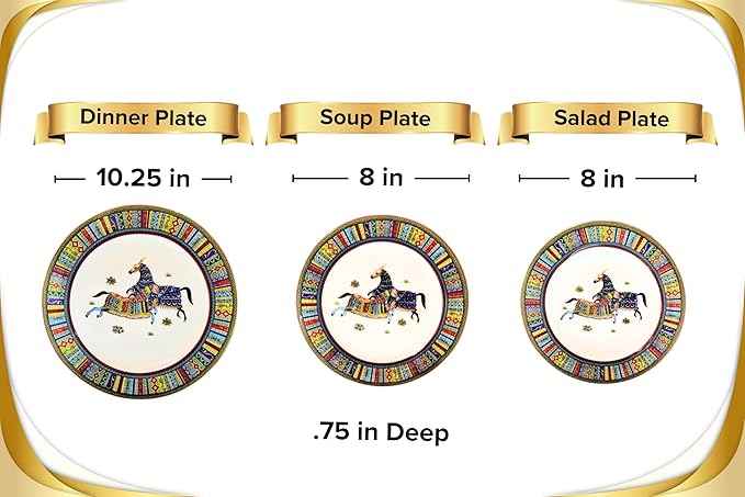 Porcelain Dinnerware Set for 4-20 Piece Luxury Greek Horse Cheval Banquet Dinner Set - Elegant Design - Plates and Cups with Saucers - Dining Set for Everyday Use or Formal Occasions