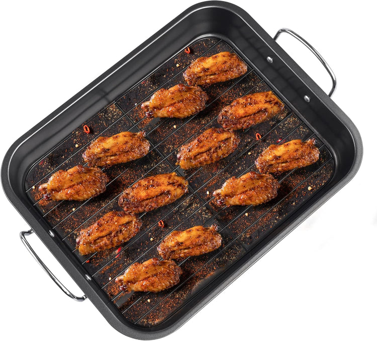 Kitcom Nonstick Roasting Pan with Rack, 16 Inch x 11.5 Inch Rectangular Roaster Set for Roasting Turkey, Chicken, Meat and Veggies, Gray